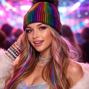 Colorful rainbow metallic beanie with faux fur pompom.